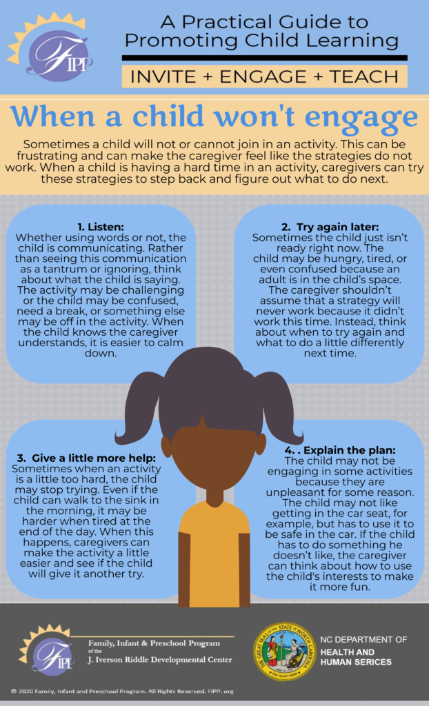 Clickable image. Infographic titled "A Practical Guide to Promoting Child Learning" with strategies for when a child won't engage, including listening, trying again later, providing more help, and explaining the plan.